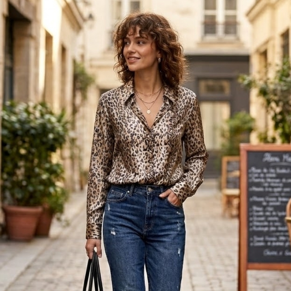 Vintage Como Seta 100% Silk Leopard Print Top Size 6